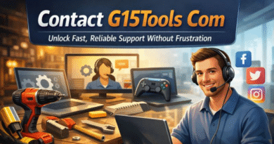 Contact G15Tools Com feature image showing tech support with tools, gadgets, and social media icons.