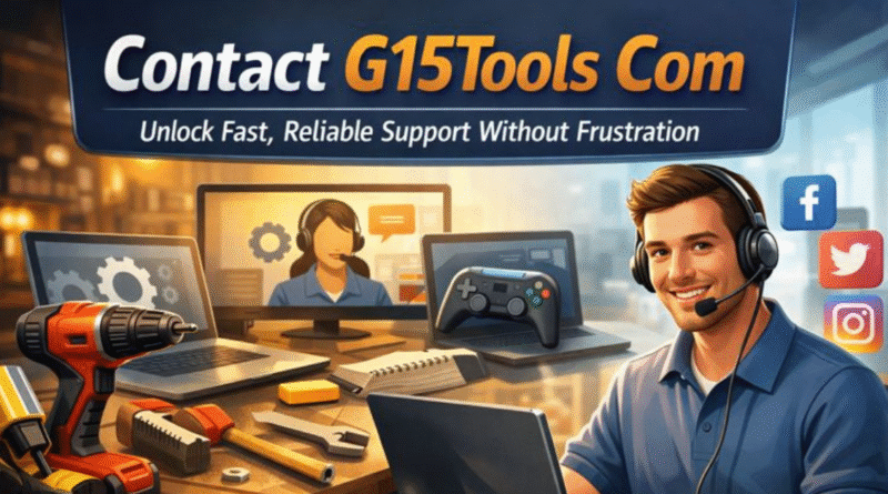Contact G15Tools Com feature image showing tech support with tools, gadgets, and social media icons.